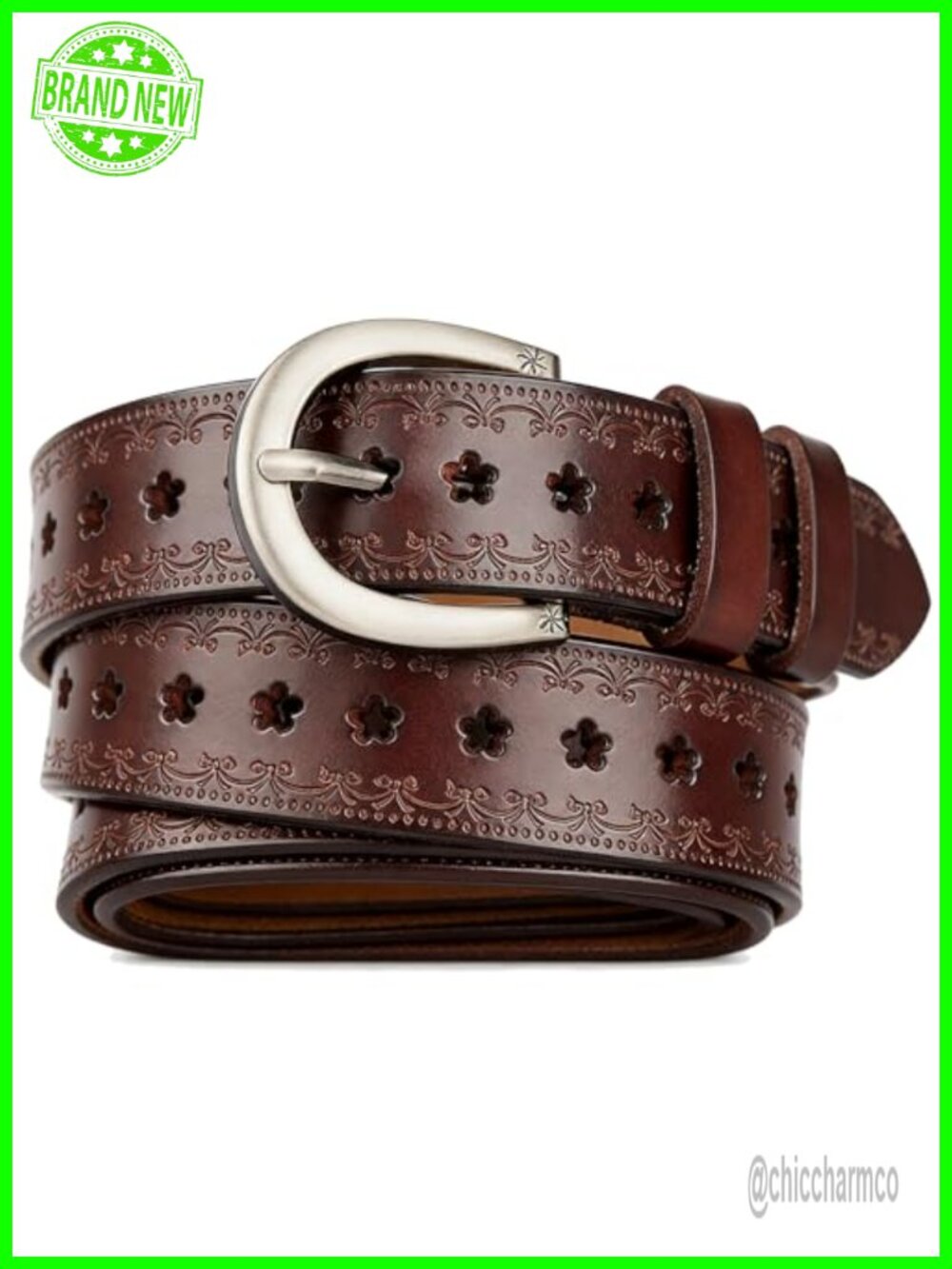 Genuine Leather Belt Floral Hollow Embossed Western Women's